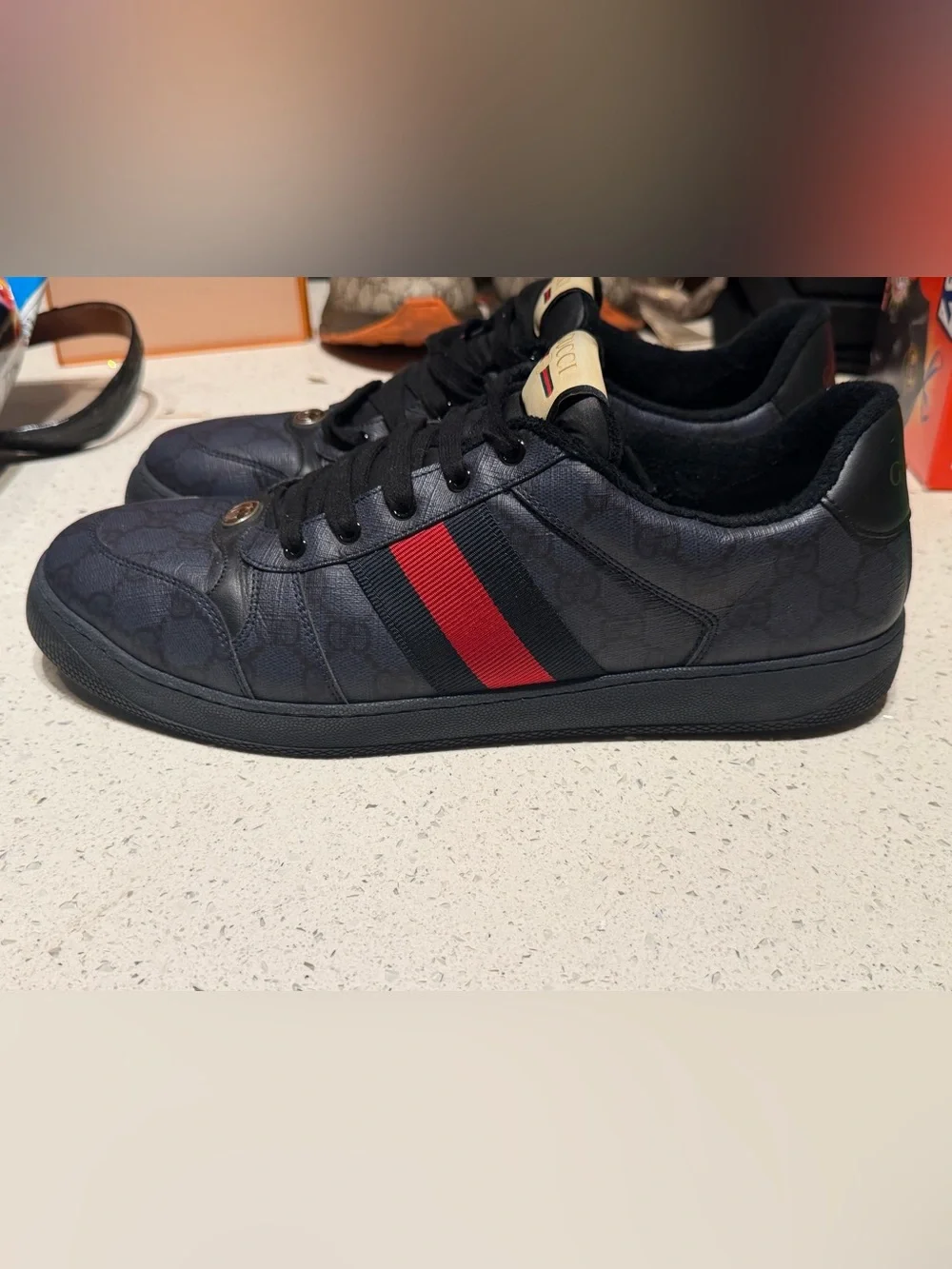 Gucci screener navy blue leather Low-Top Sneakers with Red and Blue Web Stripe